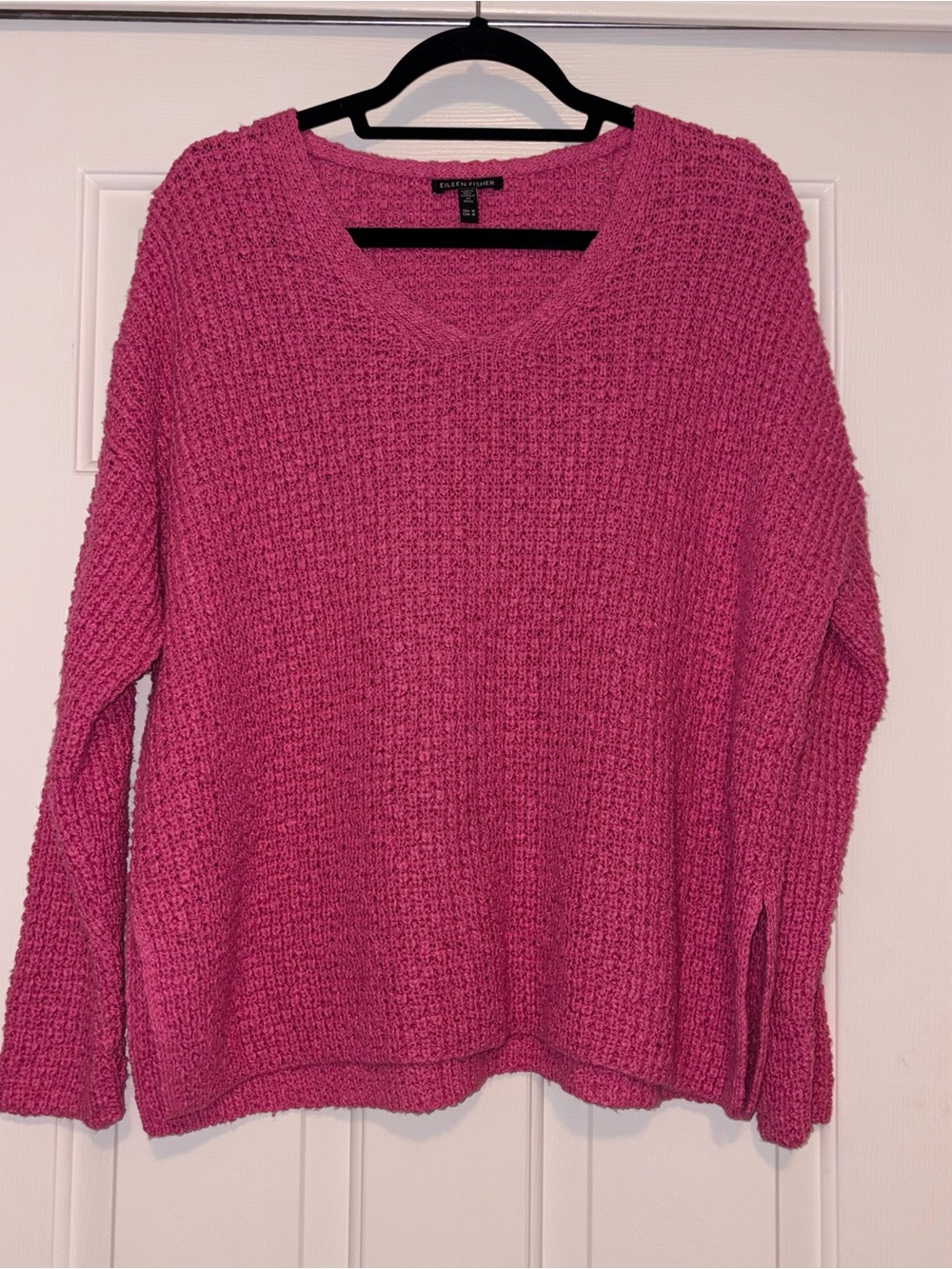 Eileen Fisher Raspberry Pink V-Neck Chunky Knit Sweater 100% Organic Cotton Size